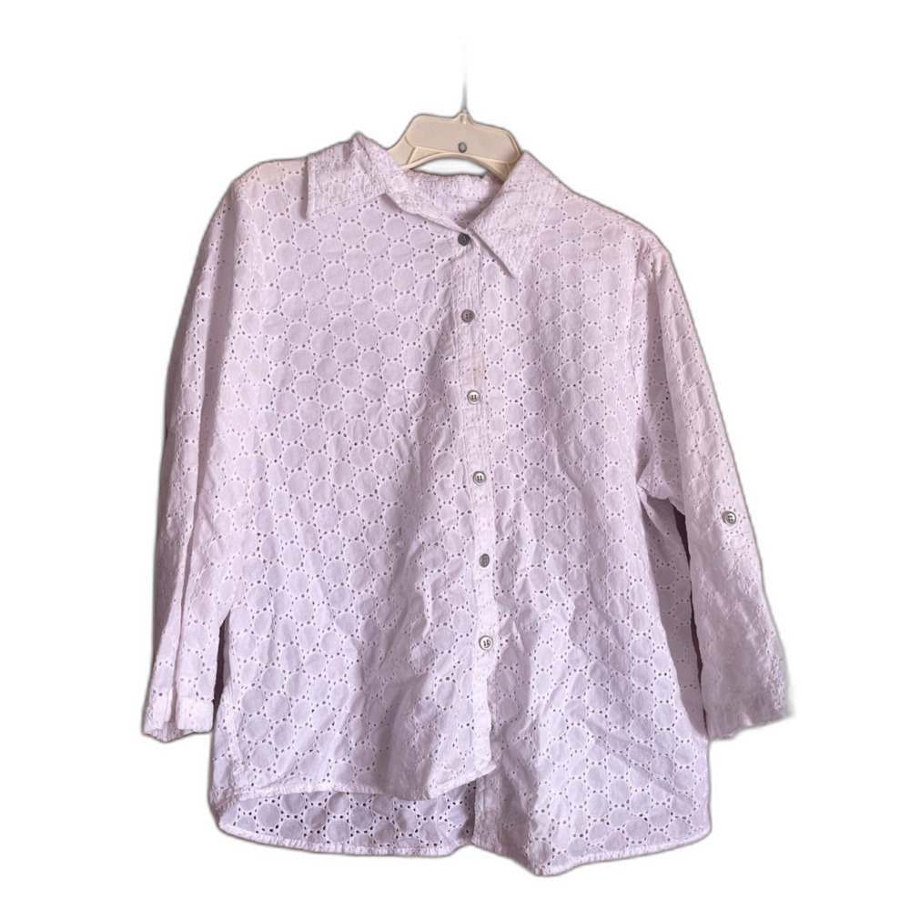 Alfred Dunner White Eyelet Button Down Shirt Boho Lace Blouse Size 14